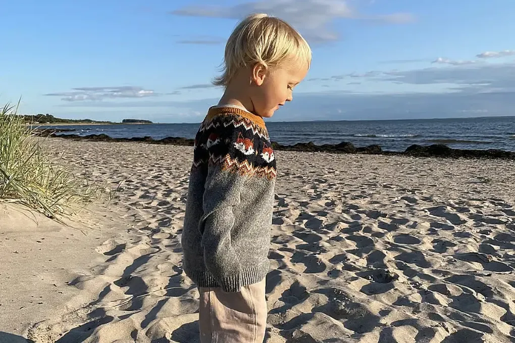 Ett barn står på en sandstrand med havet och en klarblå himmel i bakgrunden.