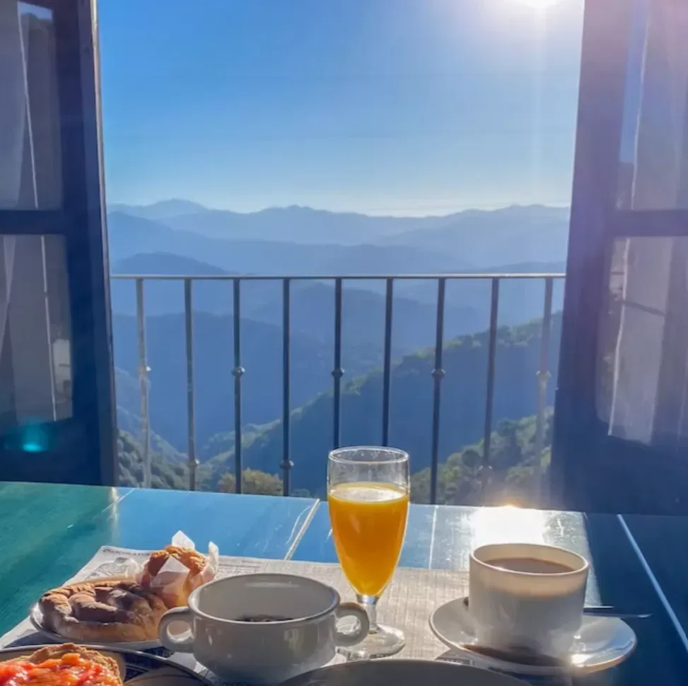 Utsikt över havet med orangesaft och croissant