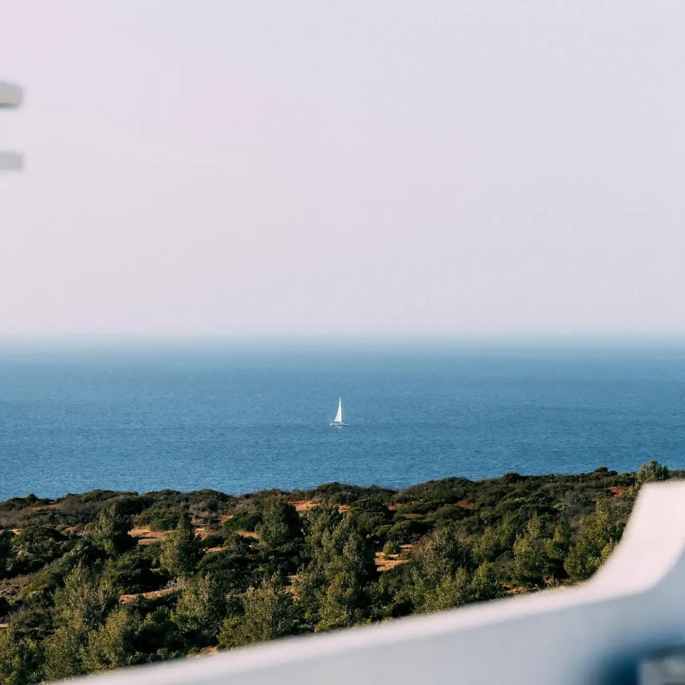 En liten segelbåt syns på havet utanför en grönskande kust i Algarve.