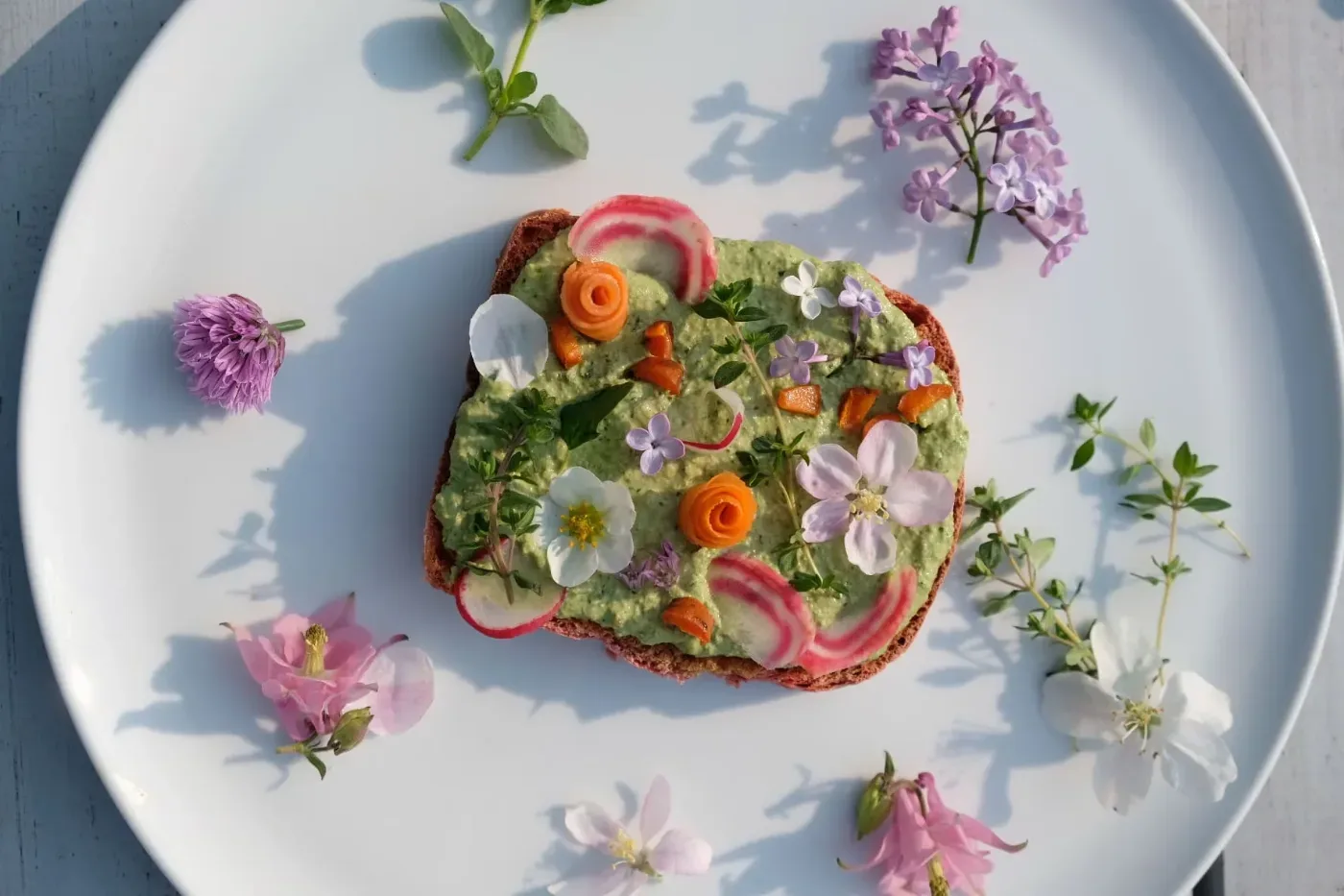 En skiva mörkt bröd med grönt pålägg, rädisor, morot och ätbara blommor på en vit tallrik.