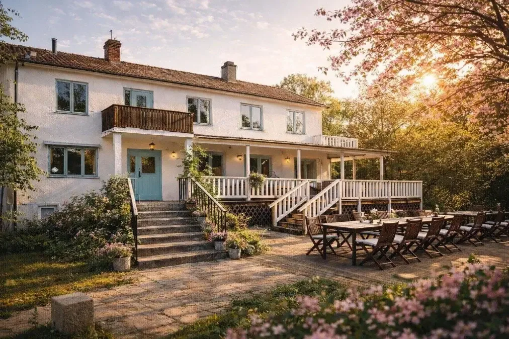 Retreatboende på södra Gotland med stor terrass och lugn trädgårdsmiljö